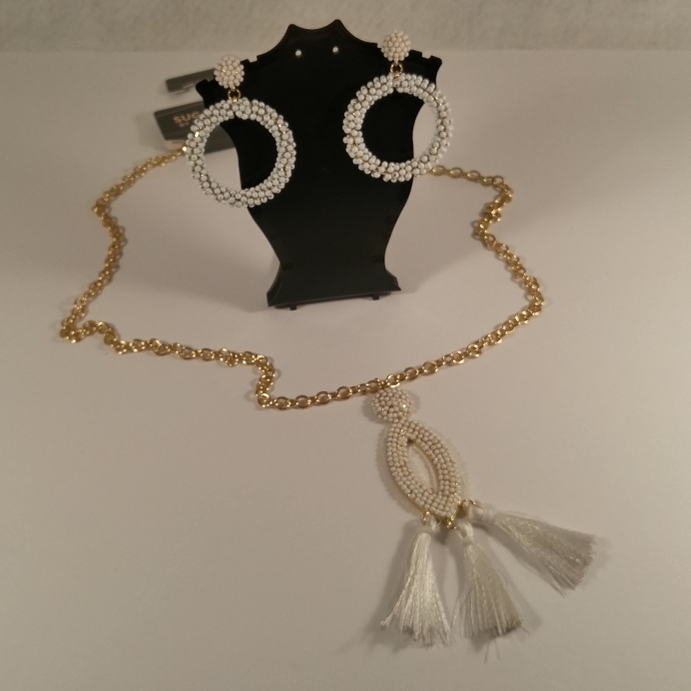Necklace earring set gold white tassel pendant